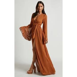 Showpo Dangerous Woman Size US 8 Maxi Dress Plunge Thigh Split Flowy Rust NWT